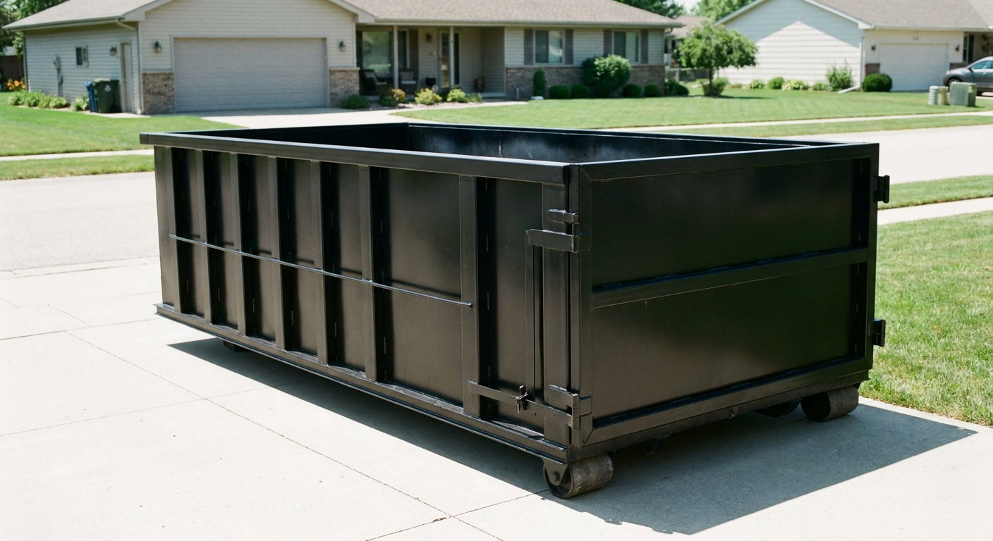 Matte-black 10-yard roll-off dumpster on a residential concrete driveway in Waco, uniformly painted matte black across every panel and rail, ribbed steel sidewalls and rear swing door visible, mid-day daylight.