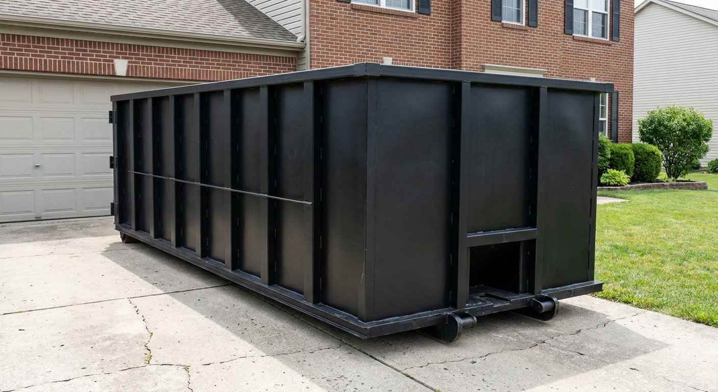 Matte-black 20-yard roll-off container on a Waco residential concrete driveway with reinforced ribbed steel sidewalls and a hinged rear walk-in door, clean bright daylight.