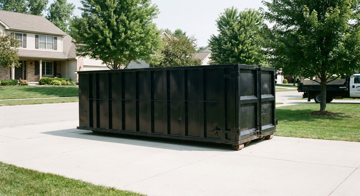 Matte-black 20-yard roll-off dumpster sitting level on a clean Waco residential concrete driveway under bright daylight, demonstrating clean placement directly on the concrete.