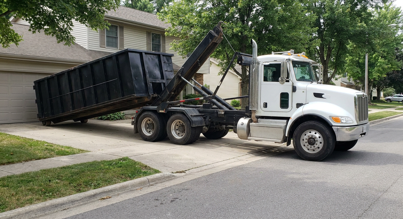 White-cab hooklift roll-off truck actively lowering a matte-black dumpster onto a Waco residential concrete driveway, the dumpster's rear wheels touching the driveway as the hoist arm tilts the bed forward, mid-morning daylight.